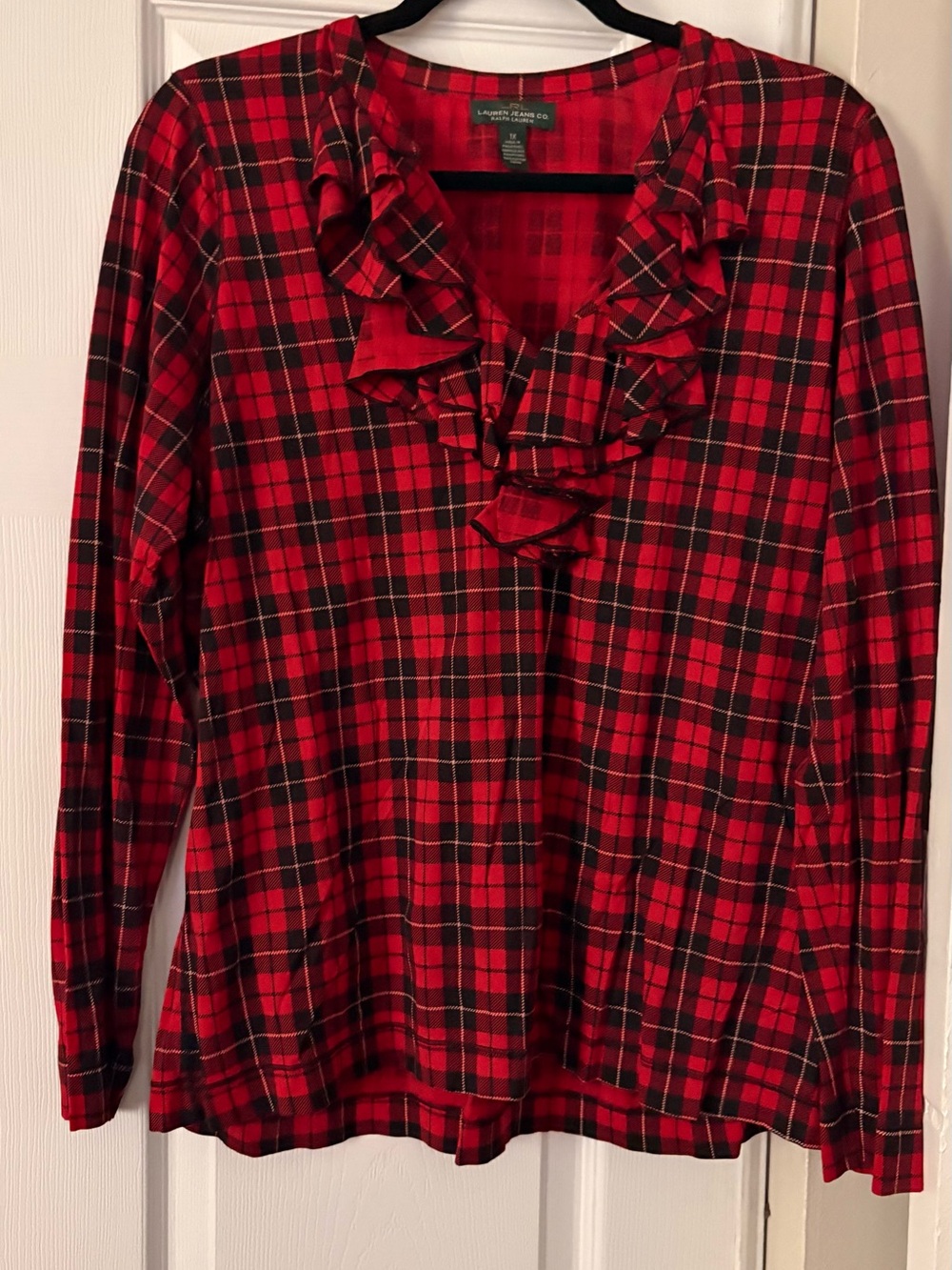 Lauren Ralph Lauren Red and Black Plaid Ruffle V-Neck Blouse - Picture 2 of 6
